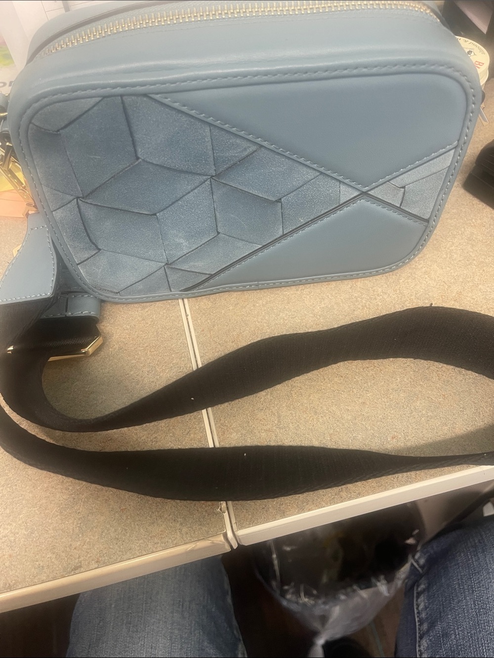 Blue Crossbody Camera Bag with Geometric Suede Panel